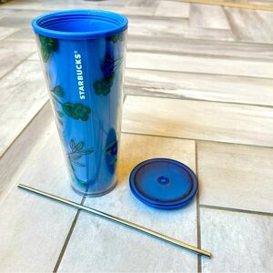Starbucks 3 D blue glitter roses cold beverage cup, green floral 24 oz